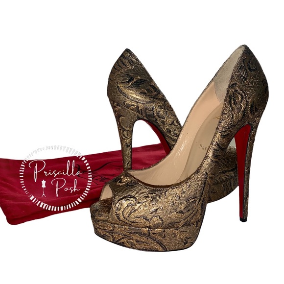 Christian Louboutin Shoes - NEW Louboutin Bronze Lady Peep 150 Brocade Pump